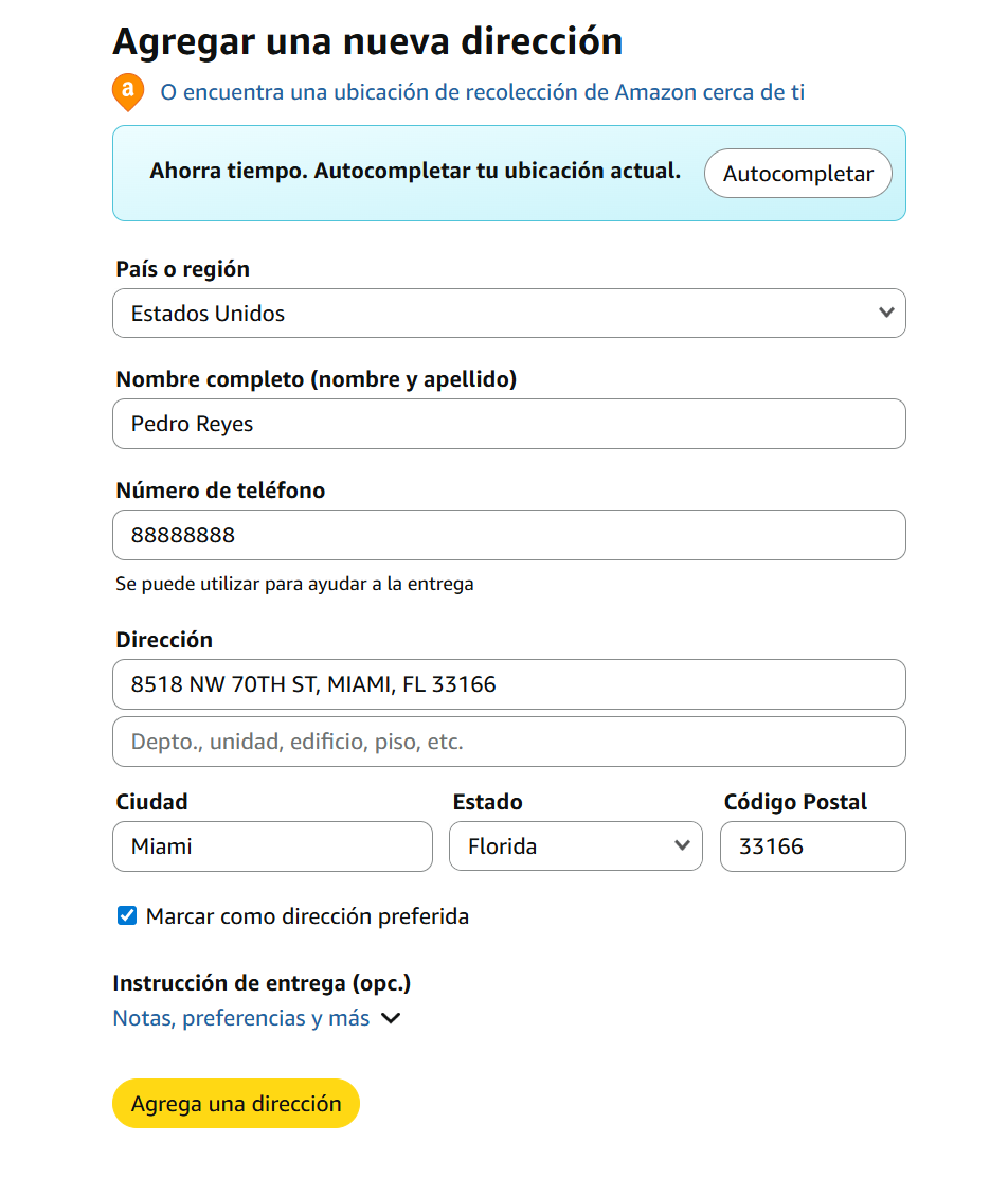 Ejemplo real: cómo agregar la dirección de AlexMart Shipping en Amazon